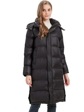 Cozy Black Long Down Puffer Coat with Detachable Hood for Women - Winter